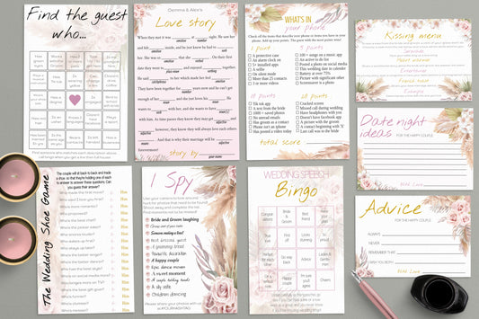 Pink Rose Boho Wedding Game Bundle: Editable Templates (Instant Download)