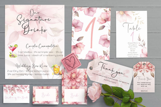 Blush Pink Floral Wedding Sign Templates: Editable Table Numbers, Favor Tags (Digital Download)