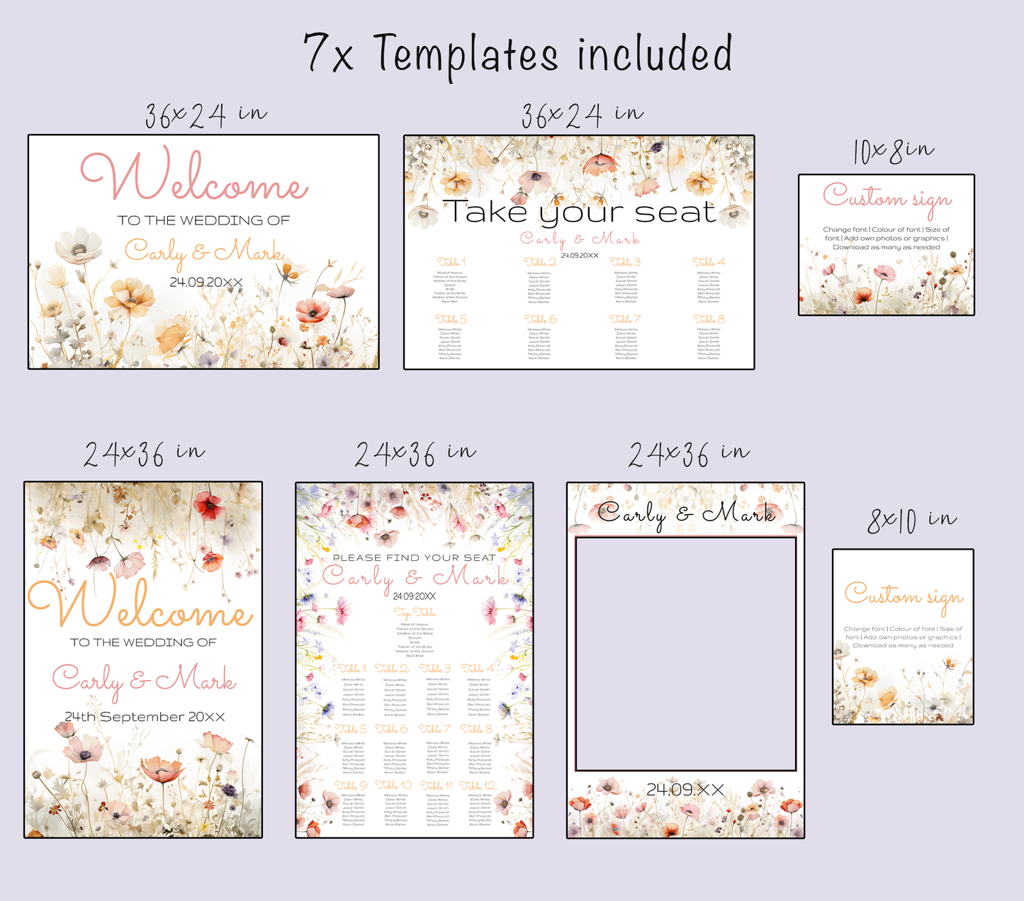 Wild Bloom Wedding Large sign template bundle  - 7x Editable Templates - Seating charts, welcome sign, custom signs, photo booth frame