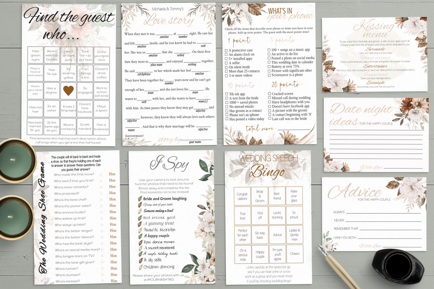 Rustic Autumn Wedding Game Bundle: 9 Editable Templates (Digital Download)