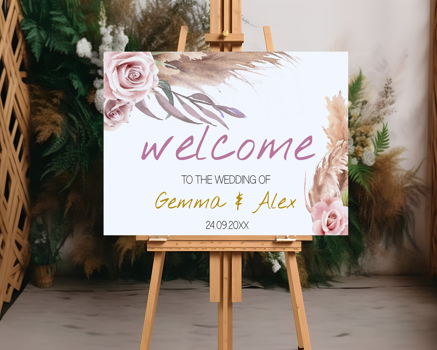 Boho Wedding Sign Set: Pink Rose & Feather Theme (Instant Download, Editable Templates 7x )
