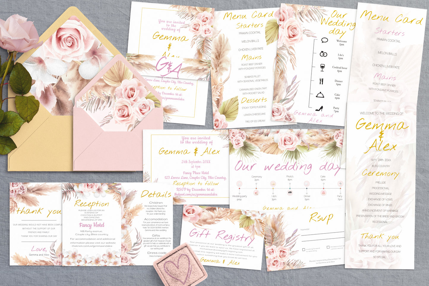 Boho Wedding Invitation Suite | Pink Rose & Feather Design | 15x editable designs RSVP, Menu, Program, Belly Band + More | Instant Download