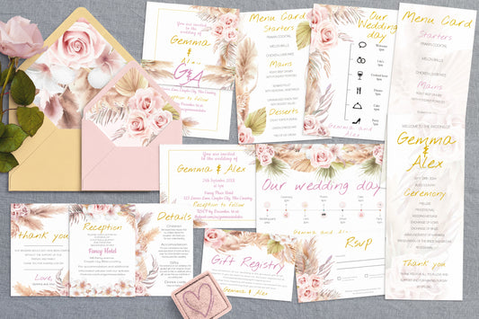Boho Wedding Invitation Suite | Pink Rose & Feather Design | 15x editable designs RSVP, Menu, Program, Belly Band + More | Instant Download