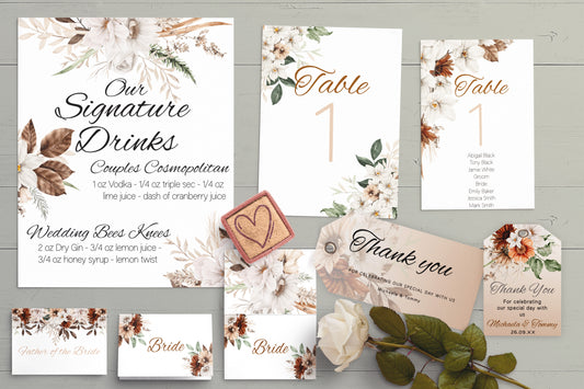 Rustic Autumn Wedding Sign Templates: Floral Drinks Menu, Place Cards (Editable, Digital Download)