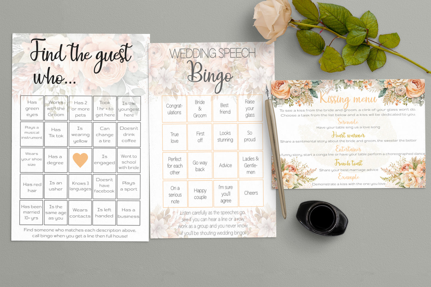 Peach Flowers Wedding Game Bundle: Editable Templates of Interactive guest games (Digital download)