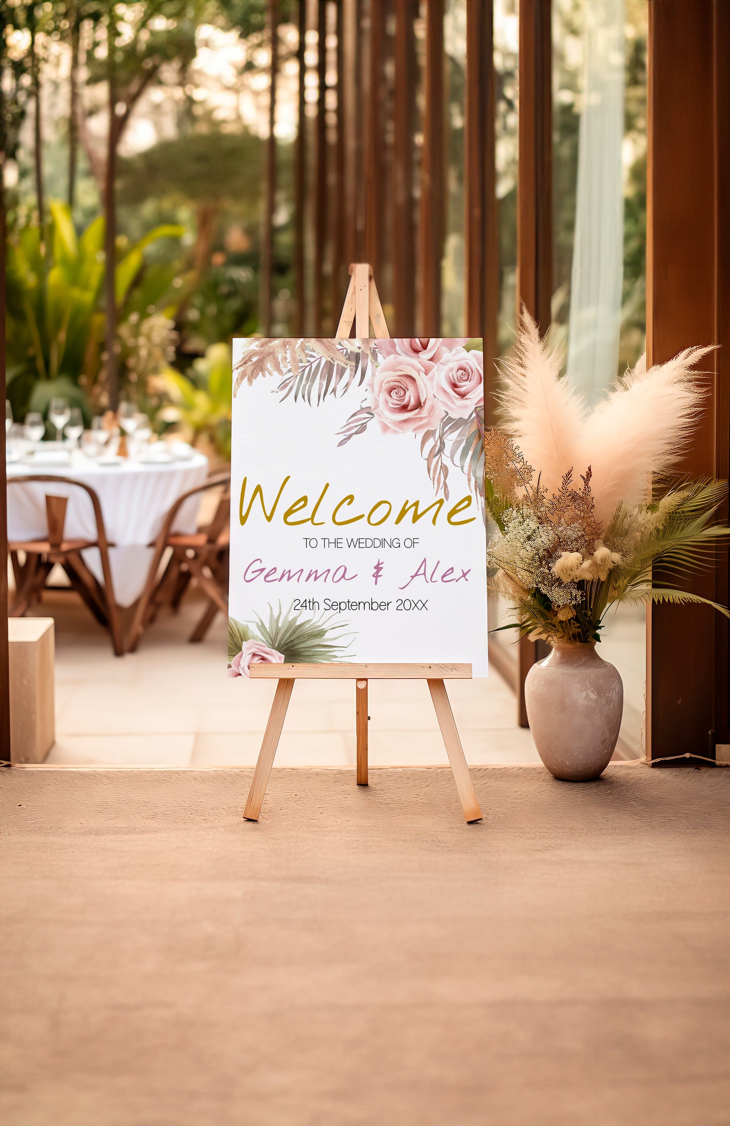 Boho Wedding Sign Set: Pink Rose & Feather Theme (Instant Download, Editable Templates 7x )
