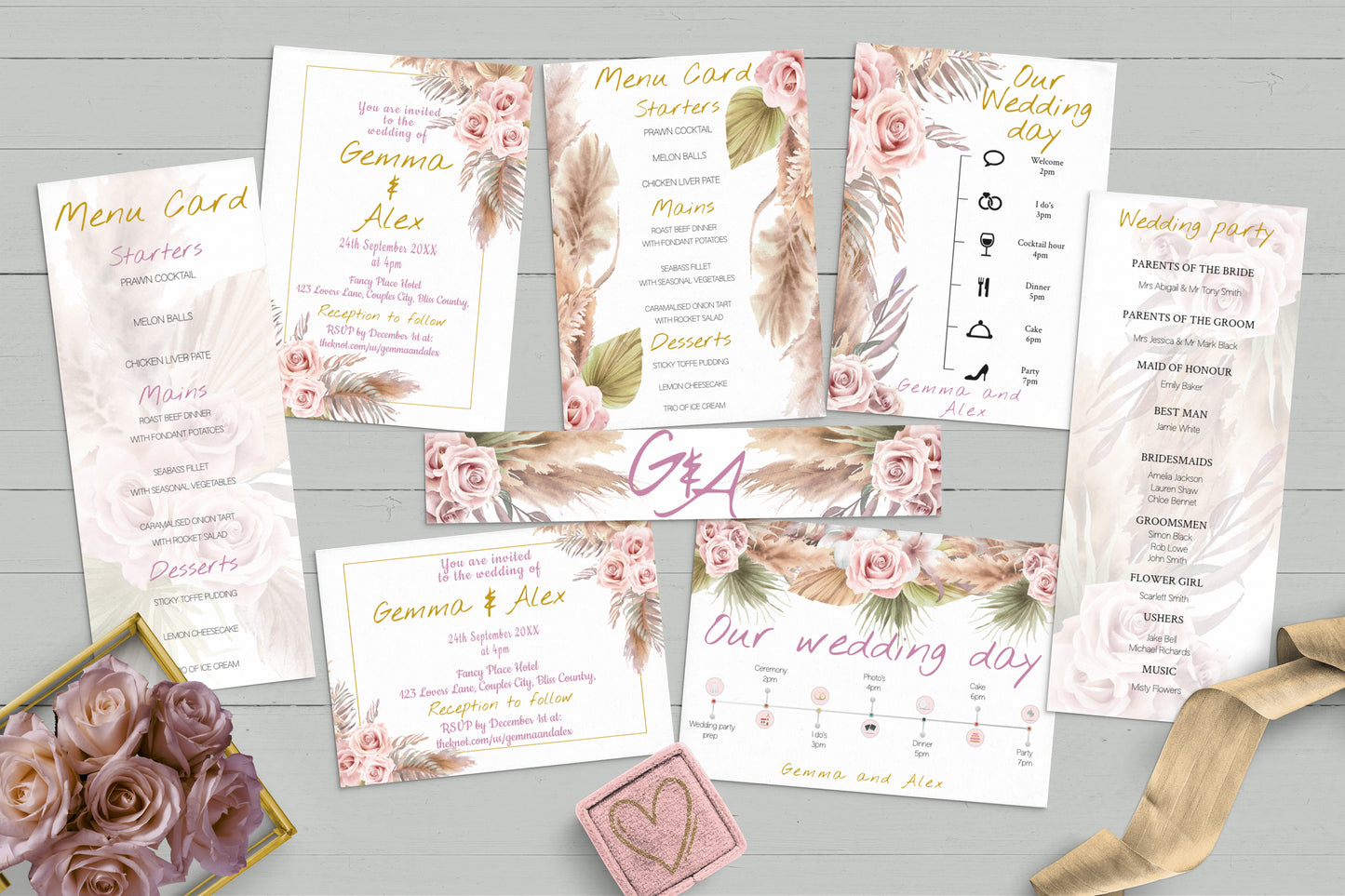 Boho Wedding Invitation Suite | Pink Rose & Feather Design | 15x editable designs RSVP, Menu, Program, Belly Band + More | Instant Download