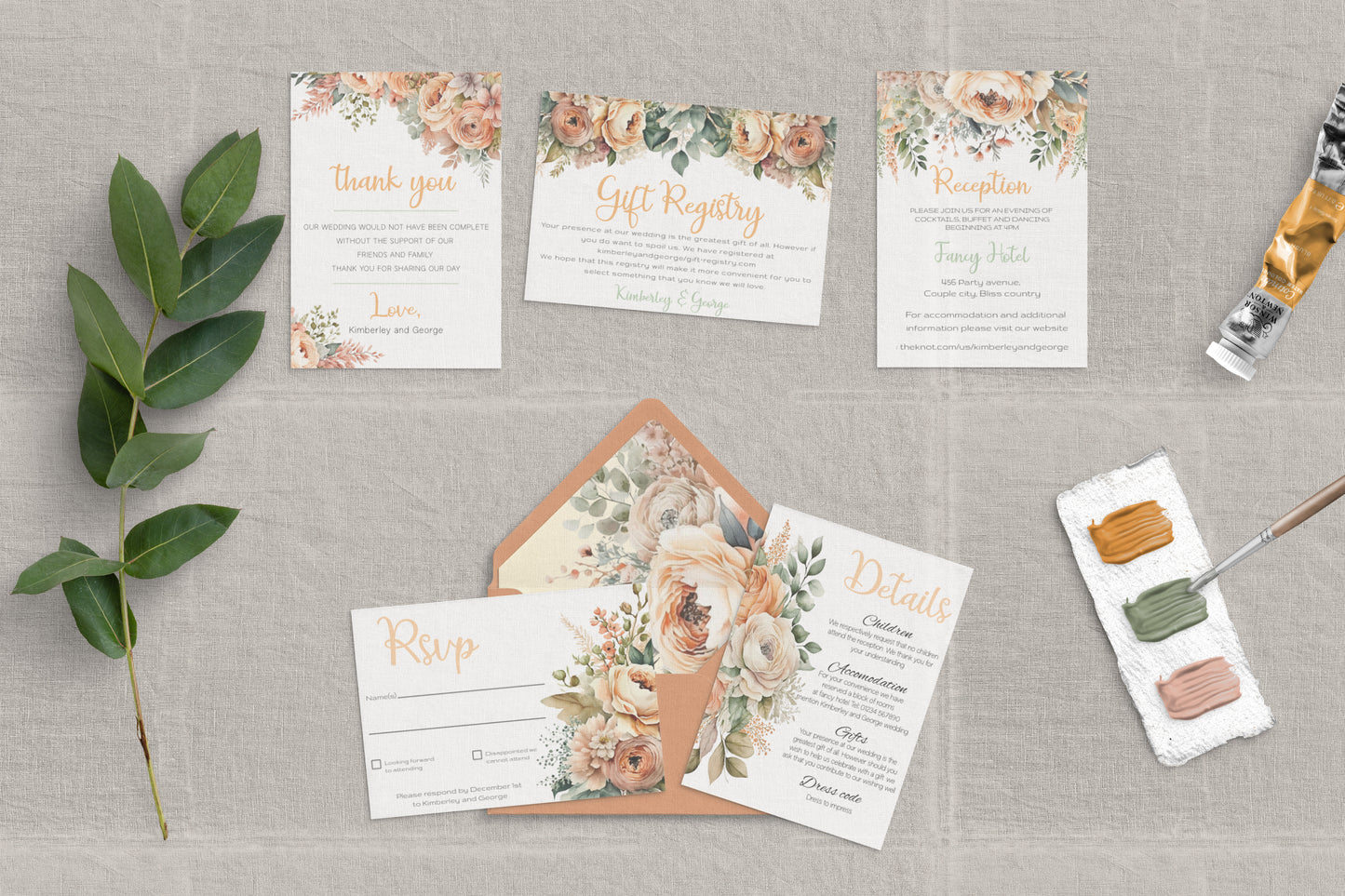 Orange Peach Flowers large Wedding Invitation Suite - 15x Editable Templates