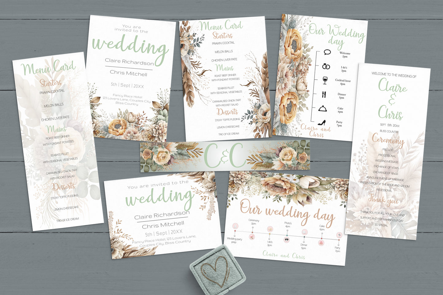 Natural Boho Large Wedding Invitation Suite | Rustic flower & Feather Design | RSVP, Menu, Program, Belly Band + More | Instant Download
