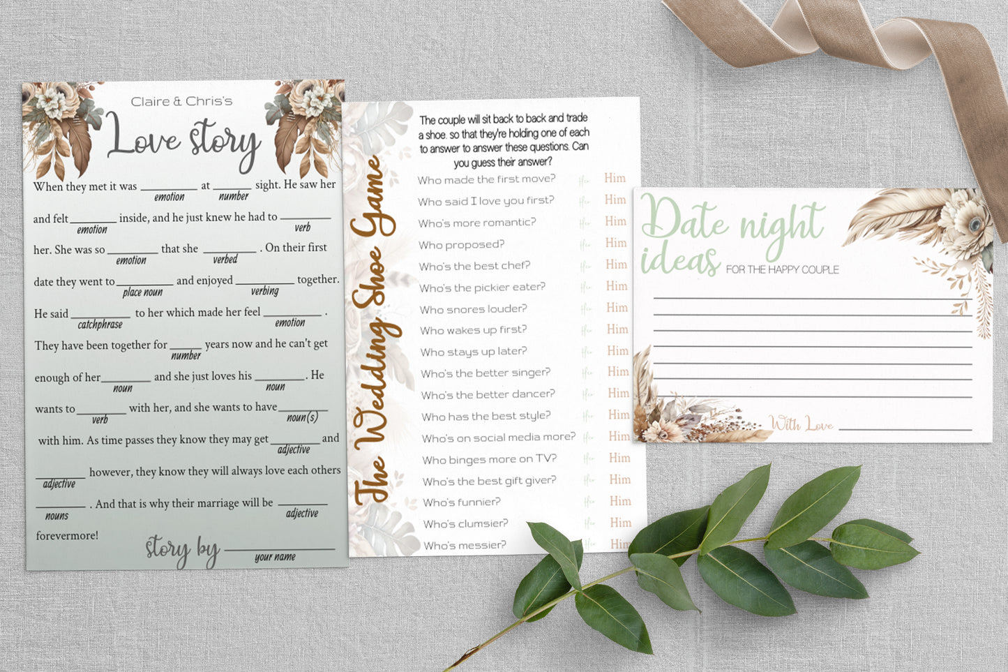 Boho Wedding Game Bundle: Rustic Floral Bridal Shower Games (Instant Download)