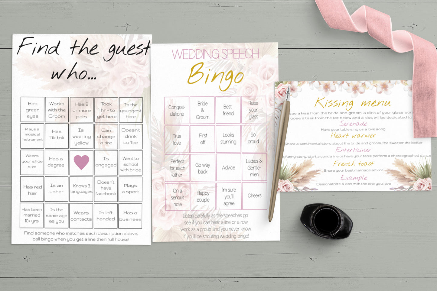Pink Rose Boho Wedding Game Bundle: Editable Templates (Instant Download)