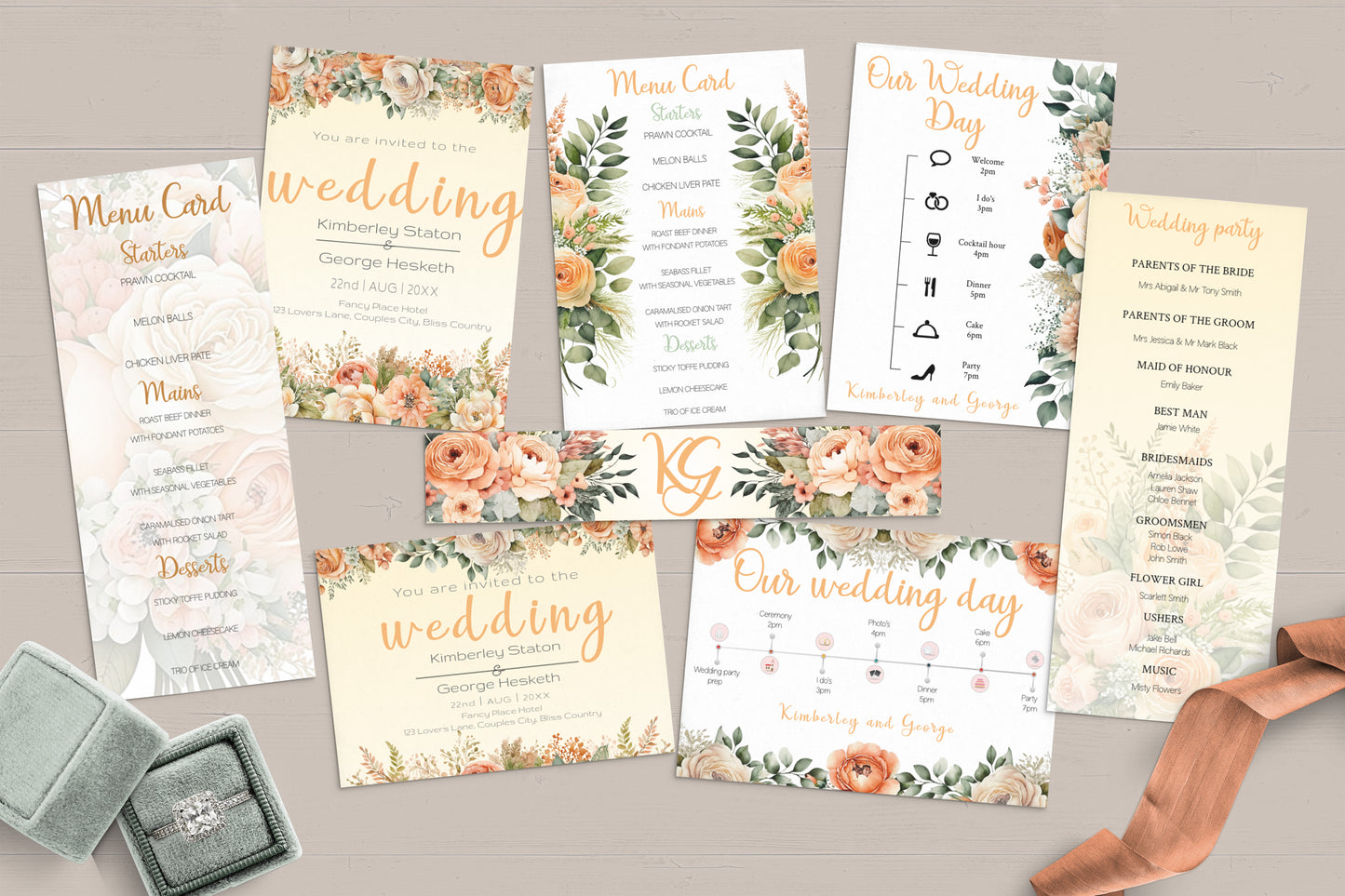 Orange Peach Flowers large Wedding Invitation Suite - 15x Editable Templates