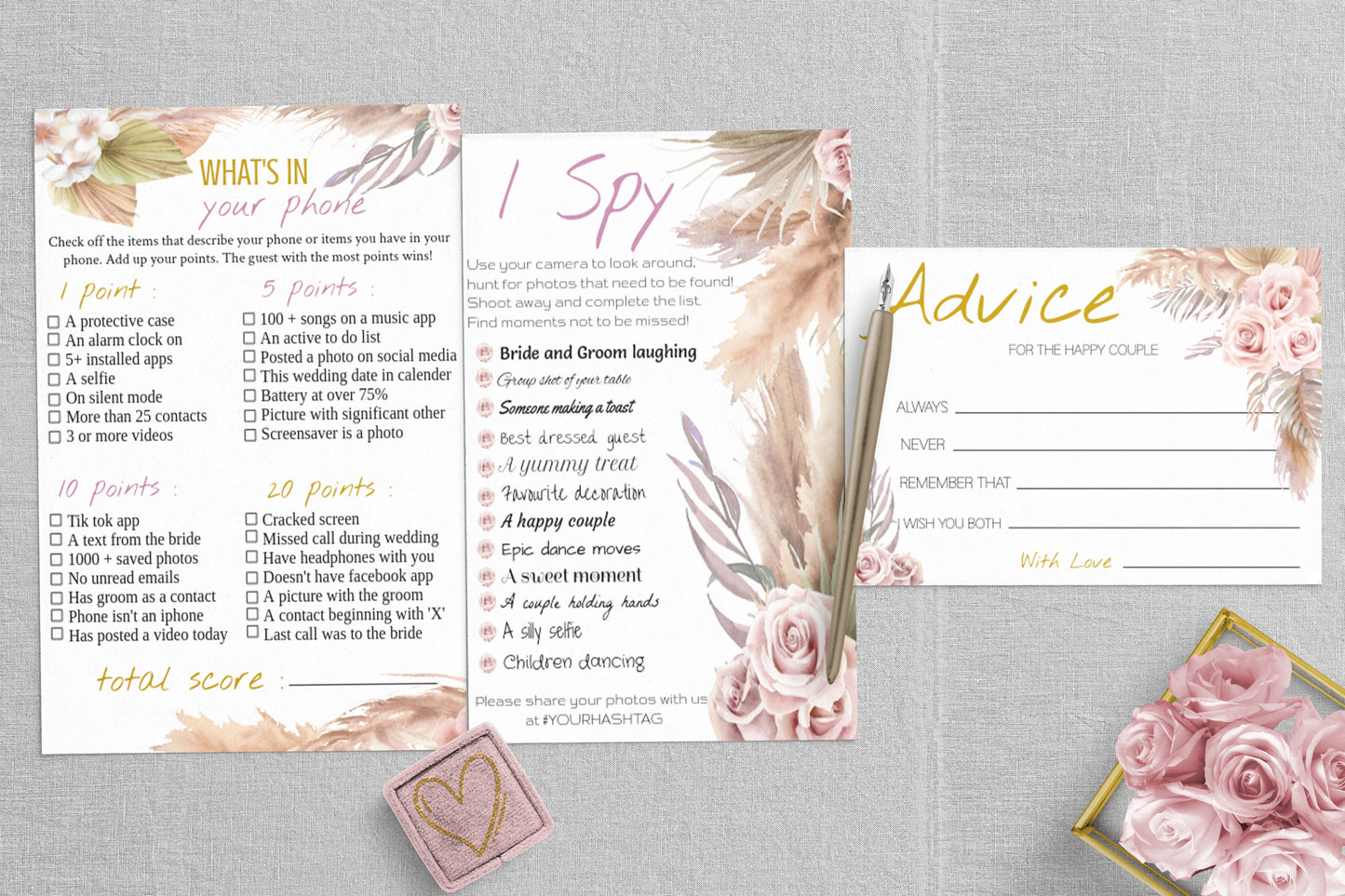 Pink Rose Boho Wedding Game Bundle: Editable Templates (Instant Download)
