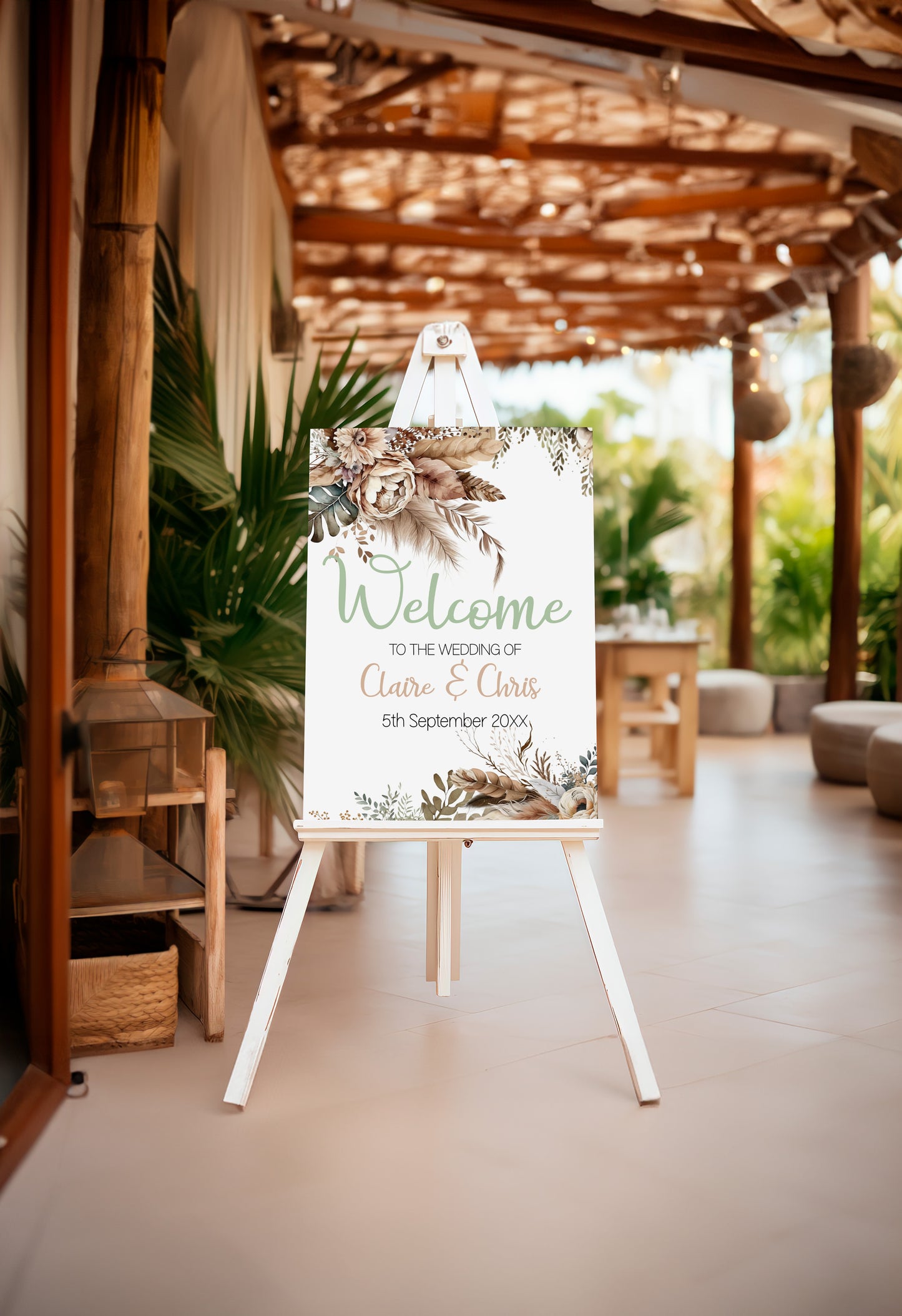 Rustic Boho Wedding Sign Set: Editable Floral & Feather Design (Instant Download)