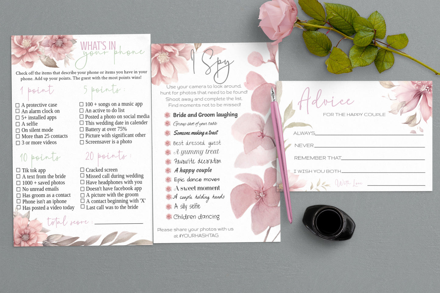 Blush Pink Floral Wedding Game Bundle: 9 Editable Templates