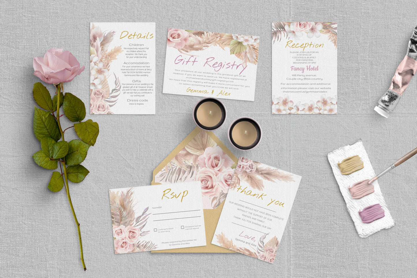 Boho Wedding Invitation Suite | Pink Rose & Feather Design | 15x editable designs RSVP, Menu, Program, Belly Band + More | Instant Download