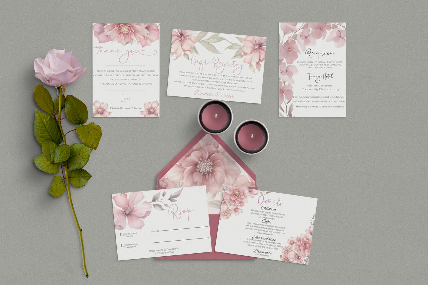 Blush Pink Floral Wedding Invitation Suite: Editable Template
