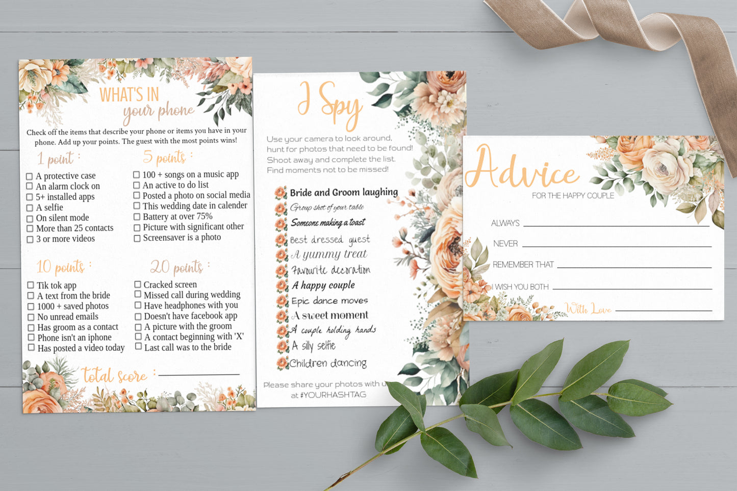 Peach Flowers Wedding Game Bundle: Editable Templates of Interactive guest games (Digital download)