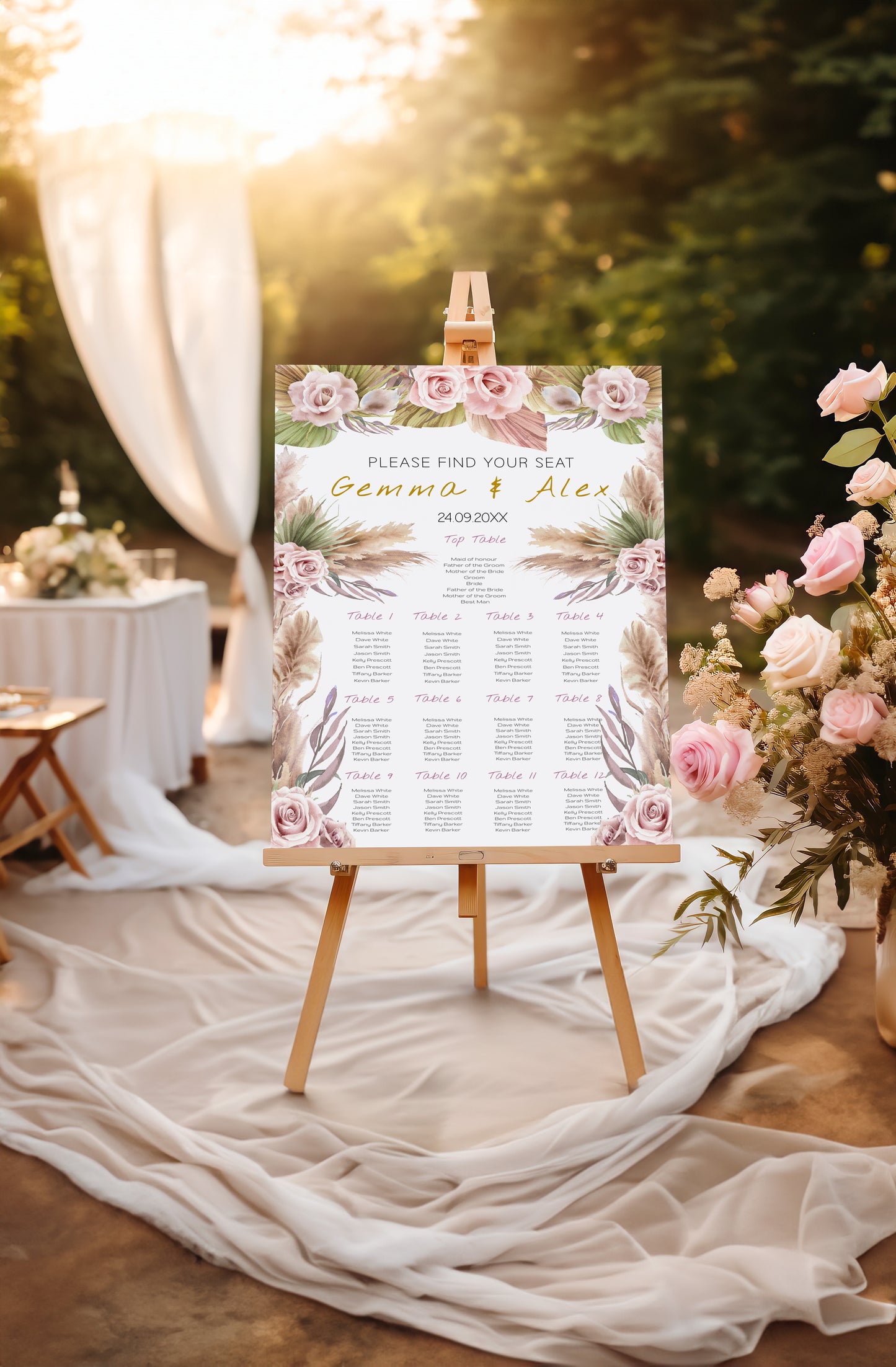 Boho Wedding Sign Set: Pink Rose & Feather Theme (Instant Download, Editable Templates 7x )