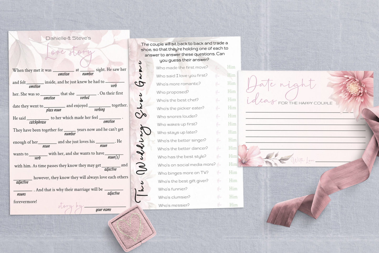 Blush Pink Floral Wedding Game Bundle: 9 Editable Templates