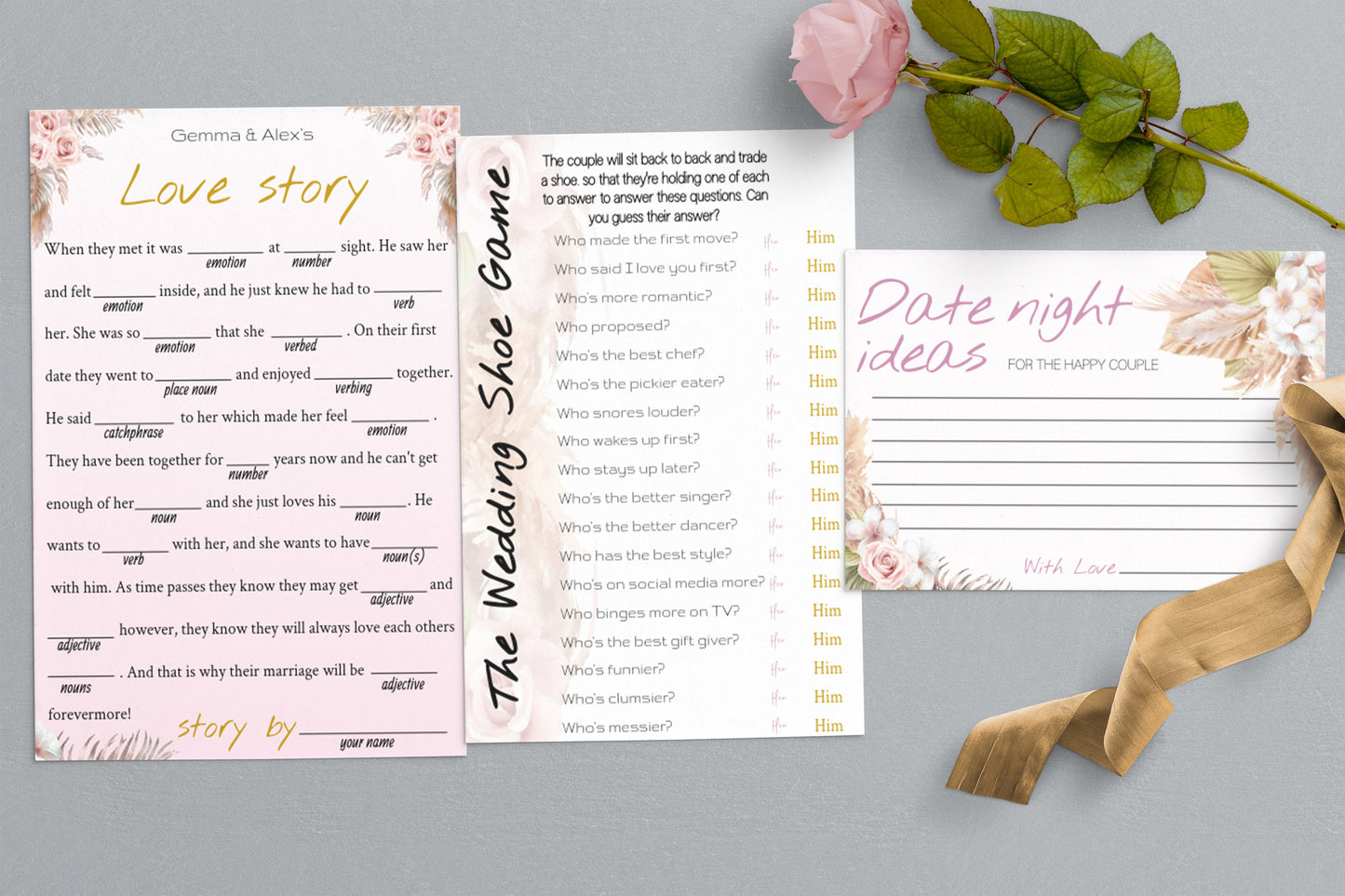 Pink Rose Boho Wedding Game Bundle: Editable Templates (Instant Download)