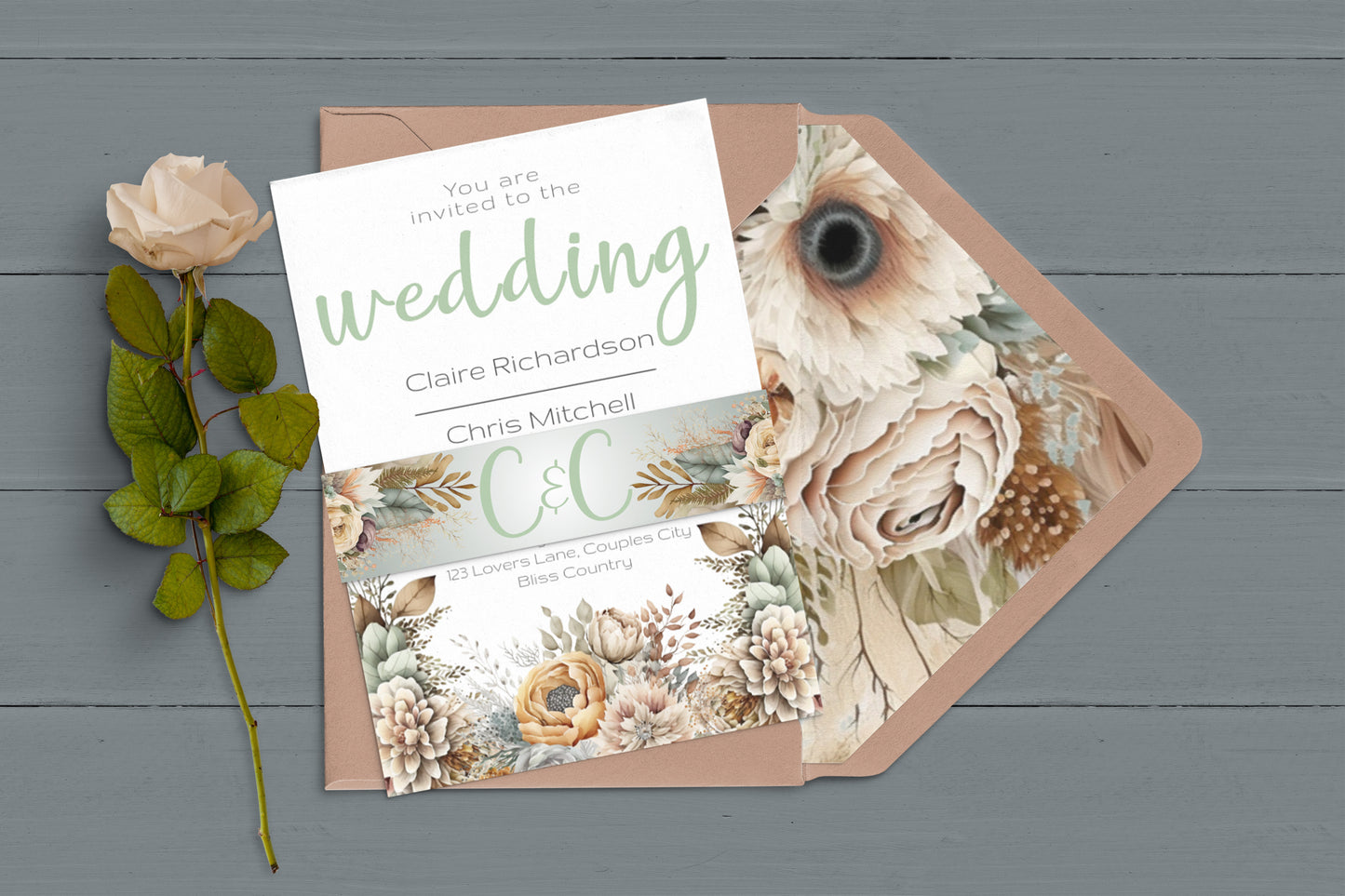 Natural Boho Large Wedding Invitation Suite | Rustic flower & Feather Design | RSVP, Menu, Program, Belly Band + More | Instant Download