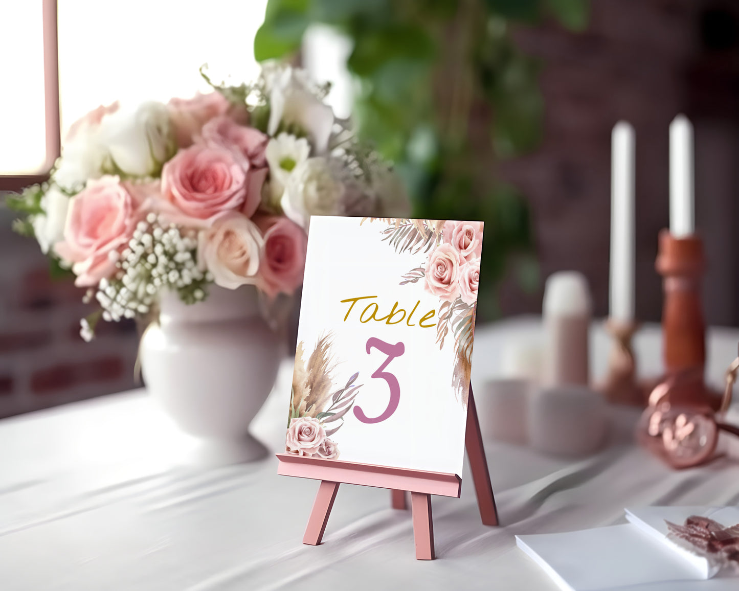 Bohemian Wedding Table and Gift Sign Set: Editable Pink Rose & Feather Design (Digital Download)