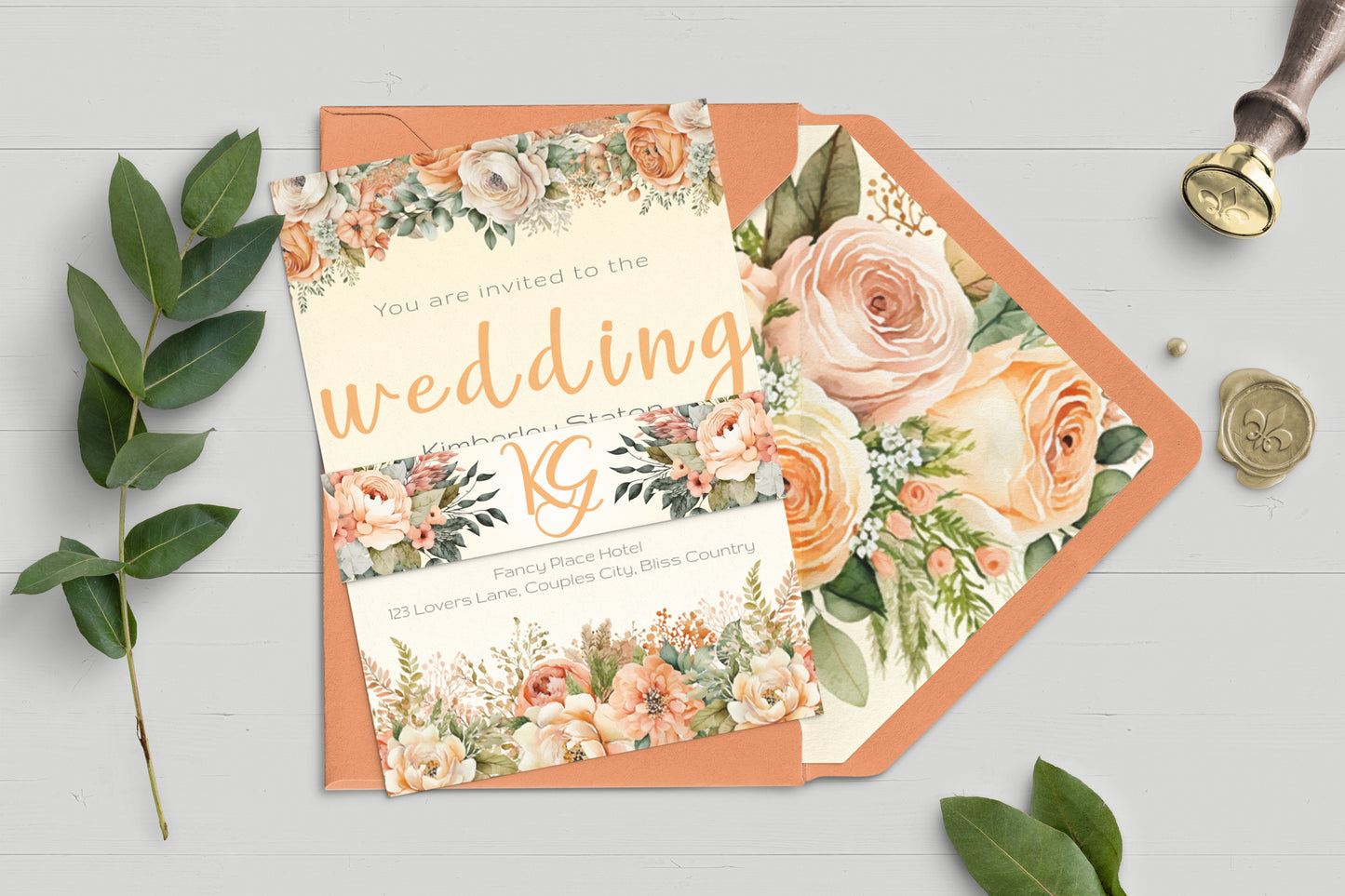 Orange Peach Flowers large Wedding Invitation Suite - 15x Editable Templates