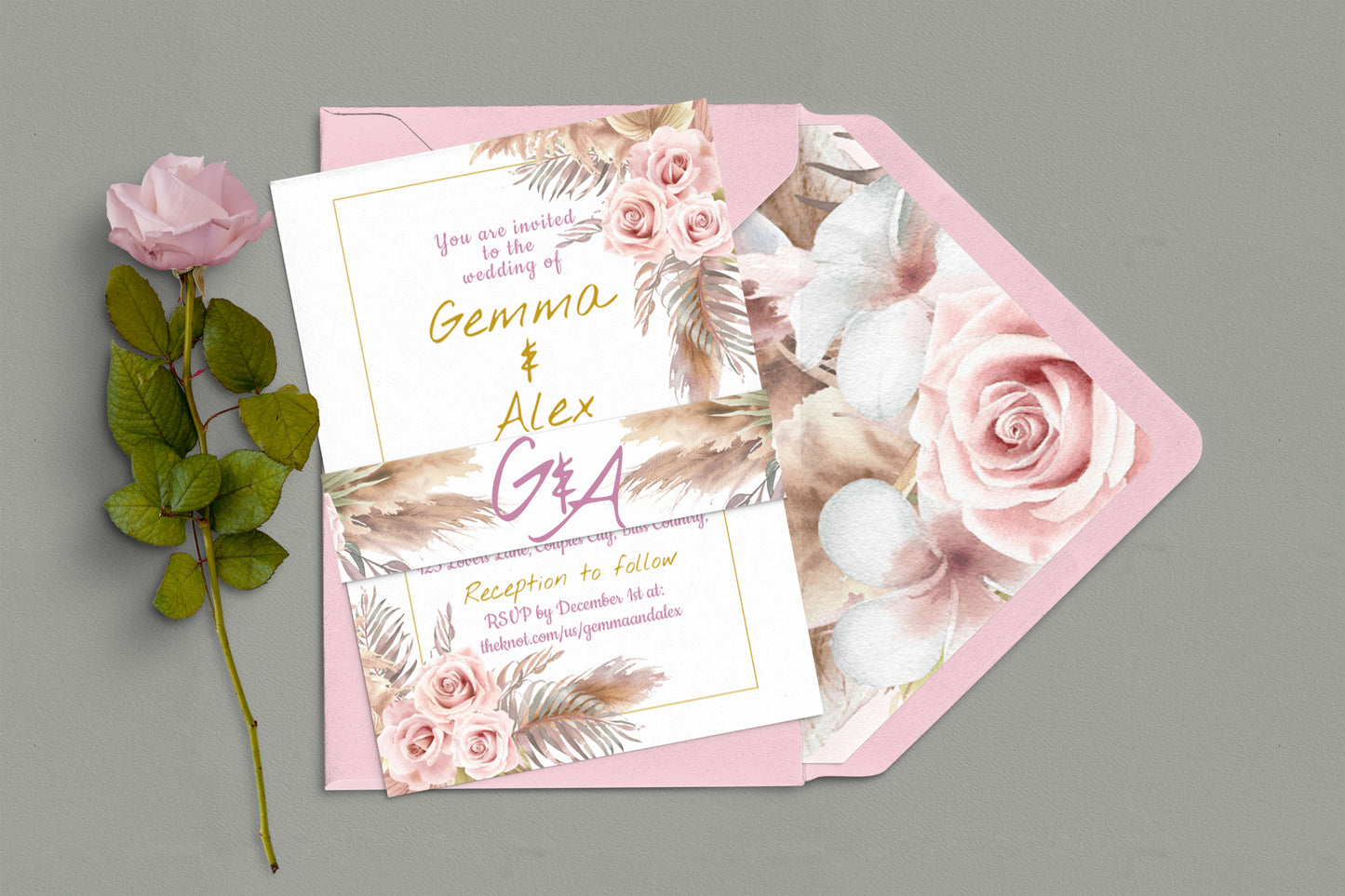 Boho Wedding Invitation Suite | Pink Rose & Feather Design | 15x editable designs RSVP, Menu, Program, Belly Band + More | Instant Download
