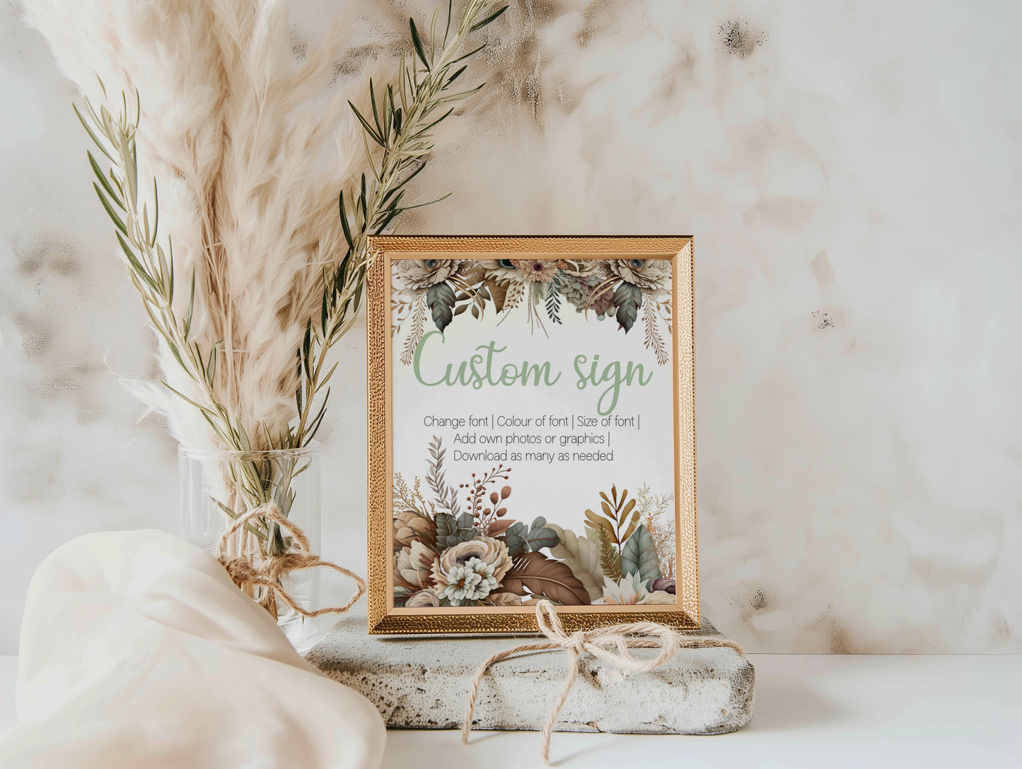 Rustic Boho Wedding Sign Set: Editable Floral & Feather Design (Instant Download)