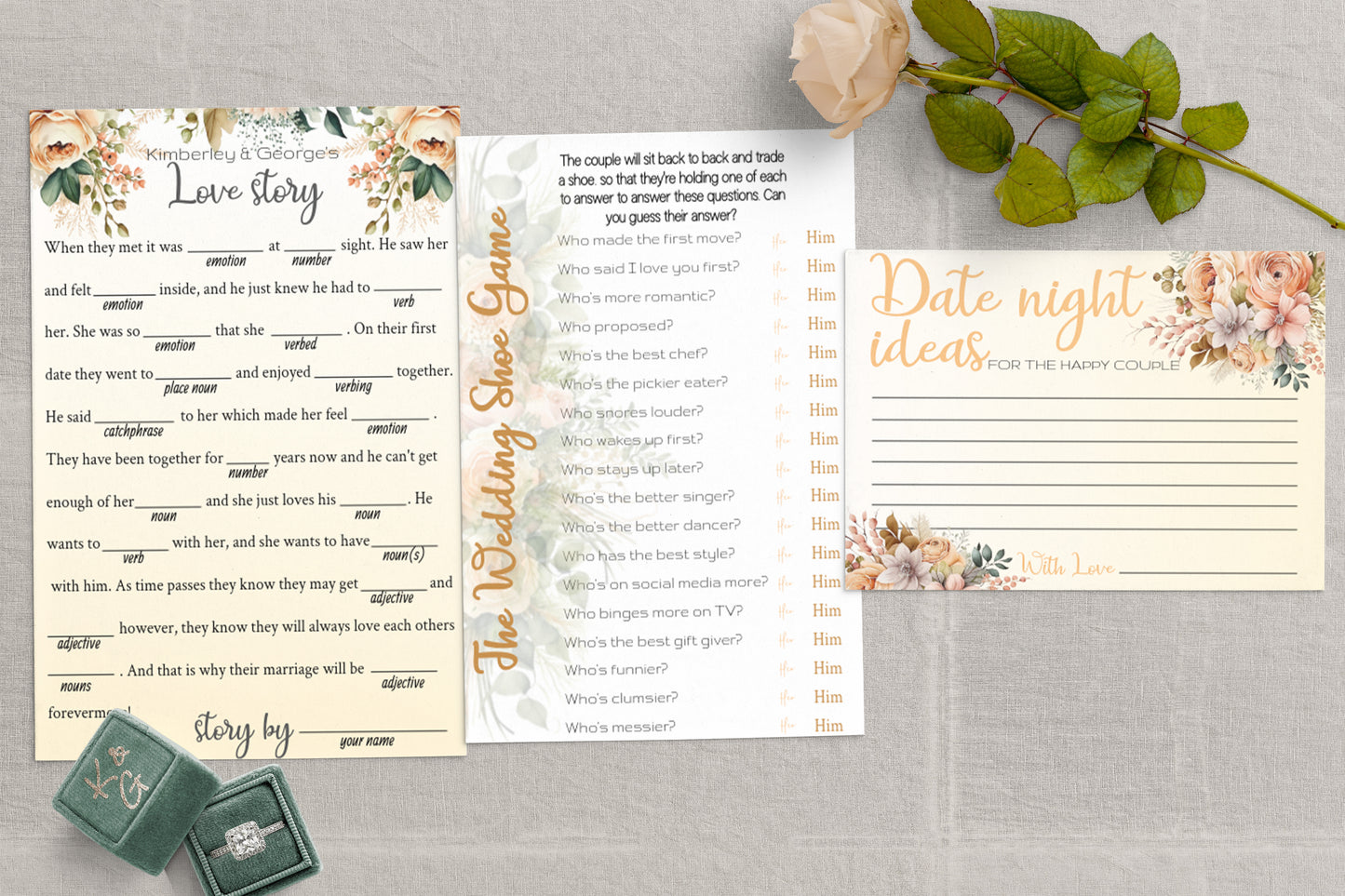 Peach Flowers Wedding Game Bundle: Editable Templates of Interactive guest games (Digital download)