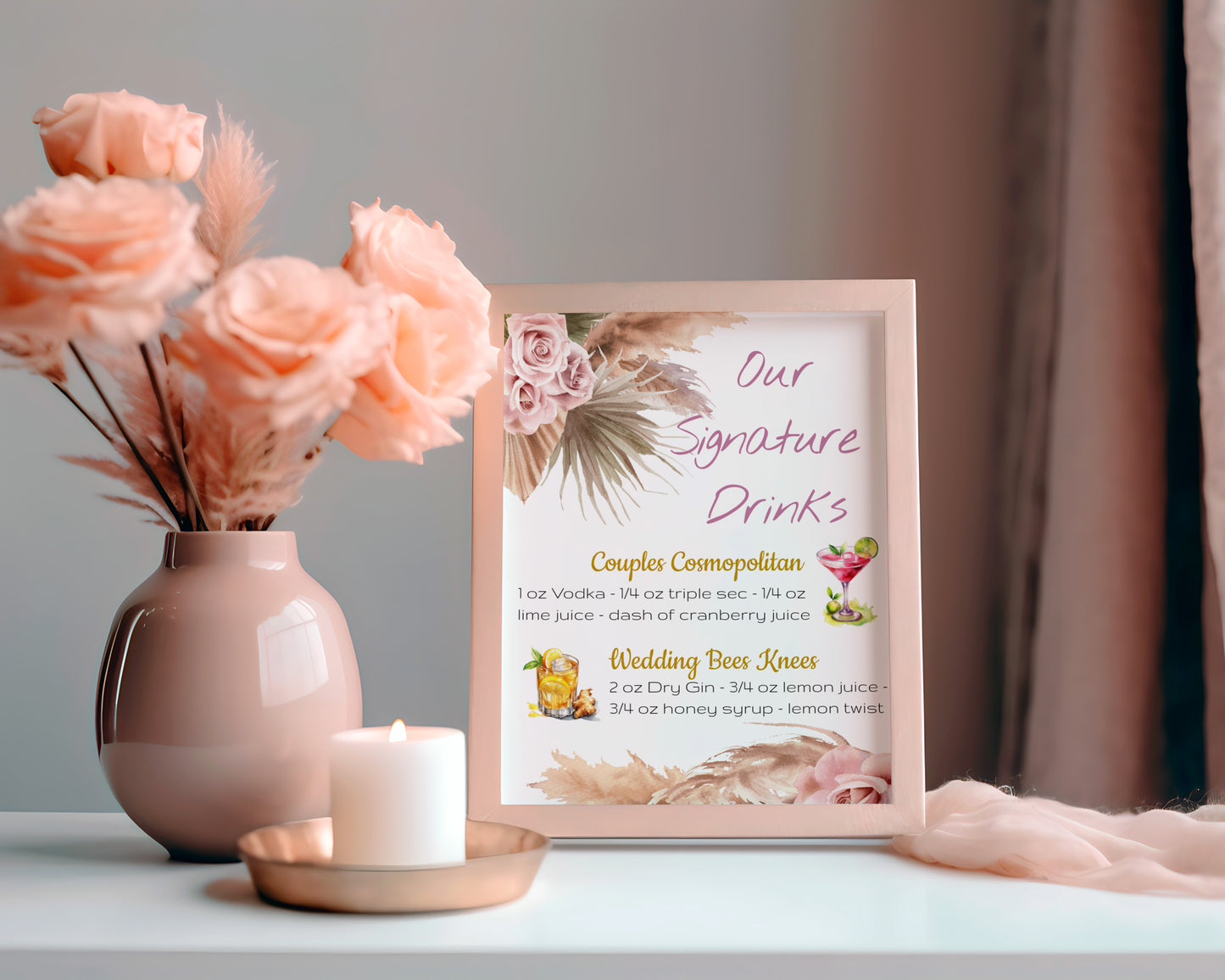 Bohemian Wedding Table and Gift Sign Set: Editable Pink Rose & Feather Design (Digital Download)