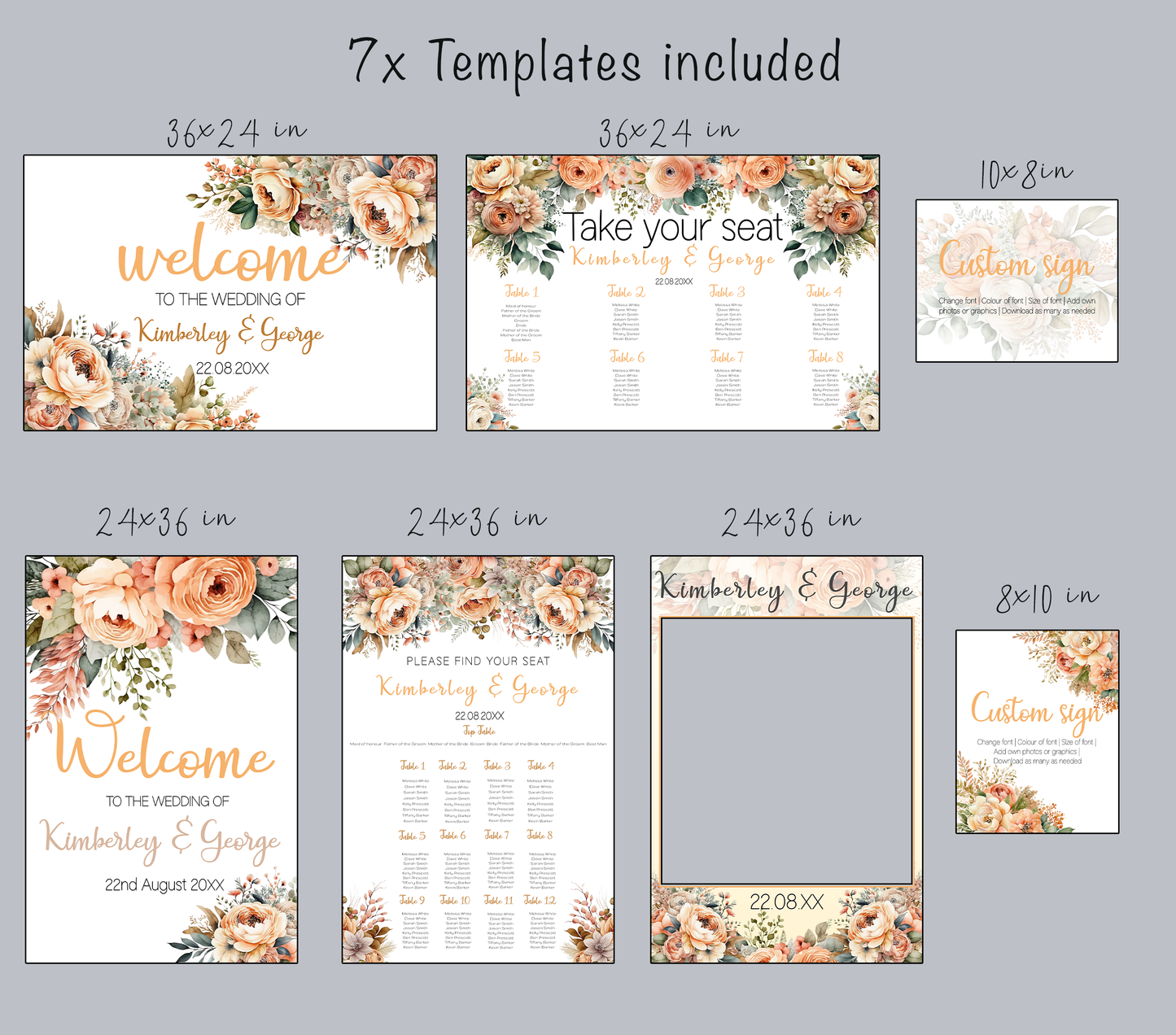 Peach Flowers Large Wedding Sign Suite: Editable Special Occasion Templates (Digital download)