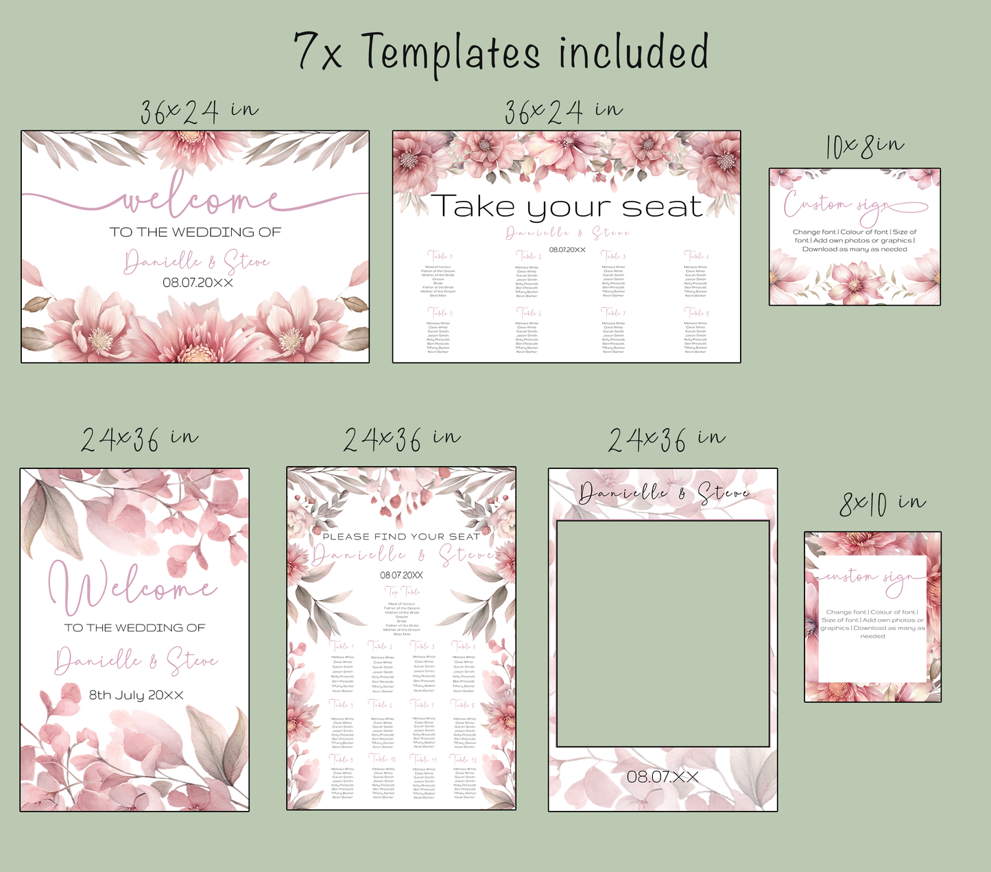 Blush Pink Floral Wedding Sign Template Bundle (Editable)
