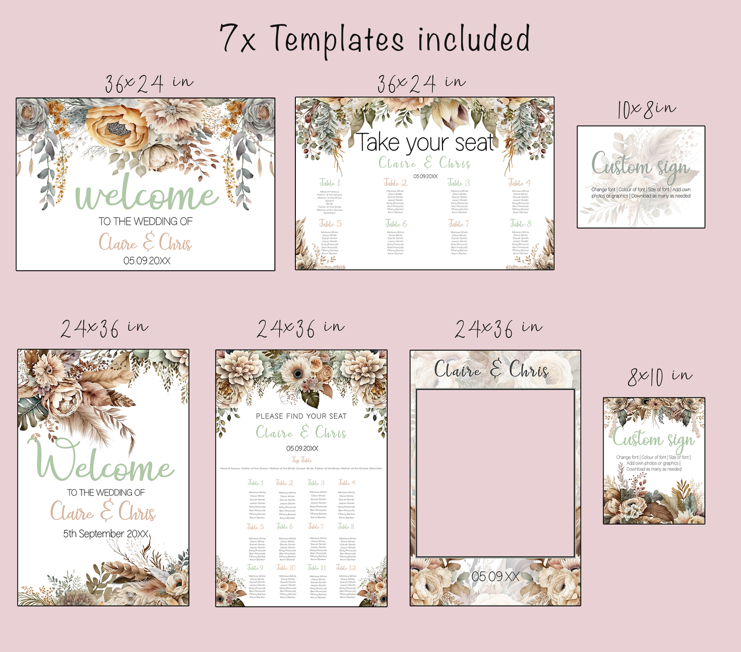 Rustic Boho Wedding Sign Set: Editable Floral & Feather Design (Instant Download)
