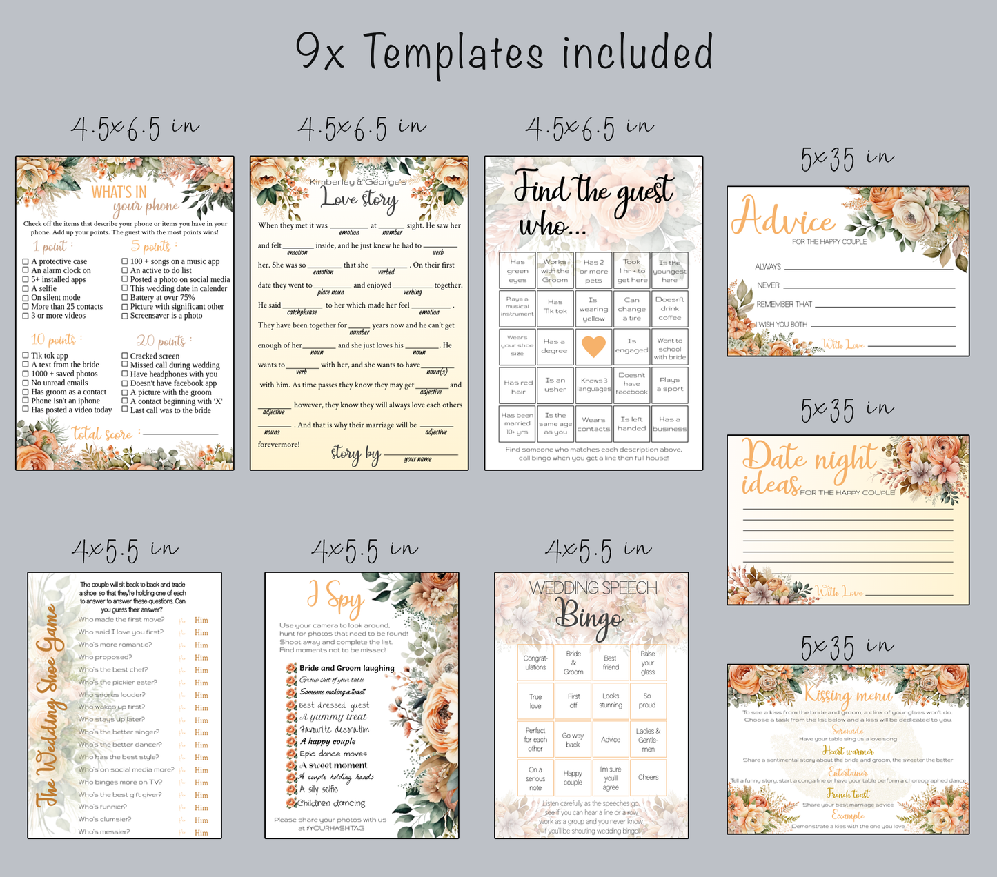 Peach Flowers Wedding Game Bundle: Editable Templates of Interactive guest games (Digital download)