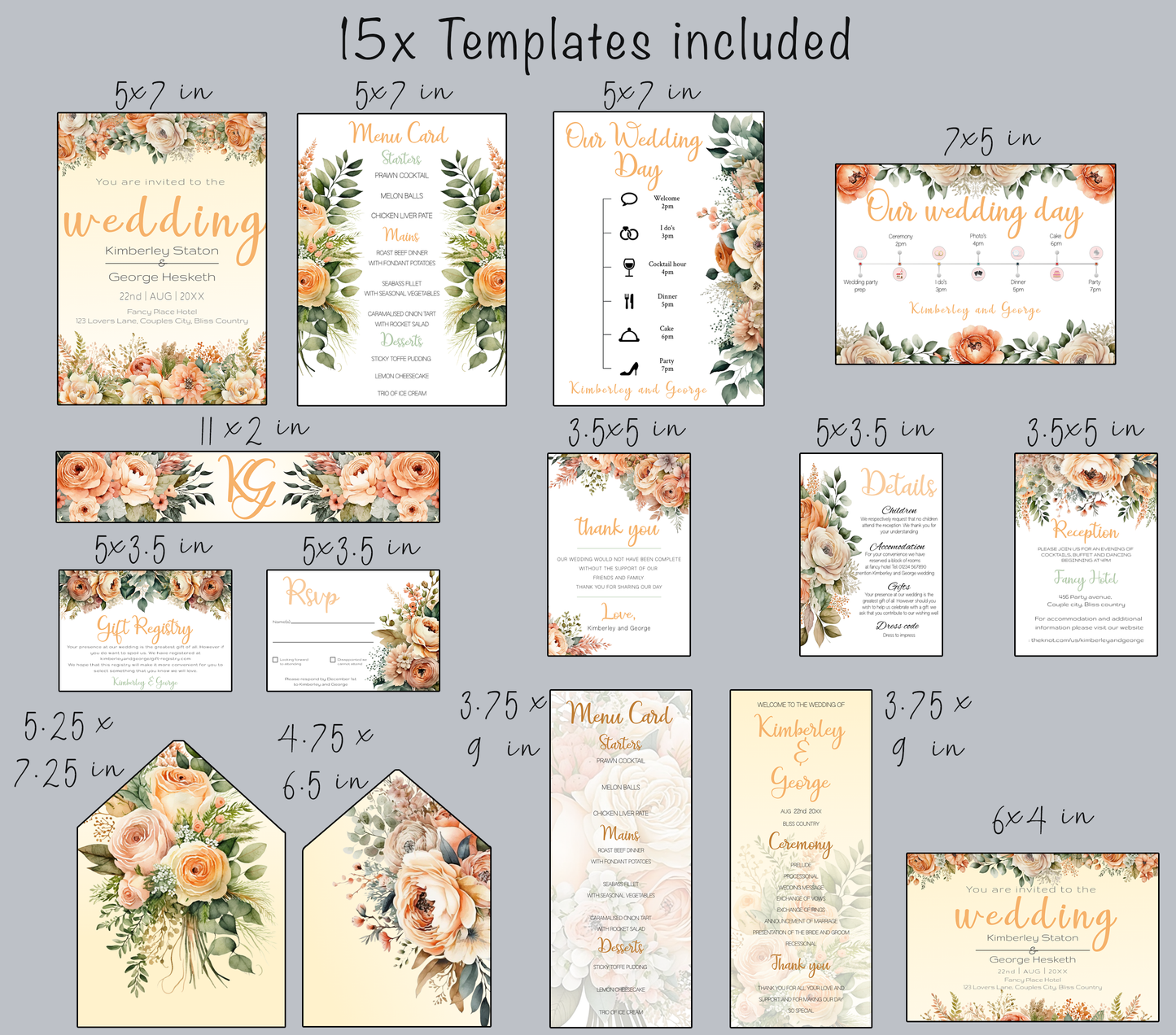 Orange Peach Flowers large Wedding Invitation Suite - 15x Editable Templates