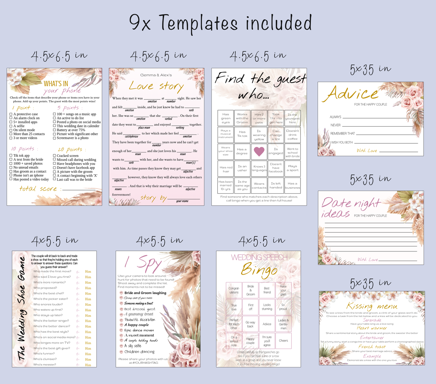Pink Rose Boho Wedding Game Bundle: Editable Templates (Instant Download)