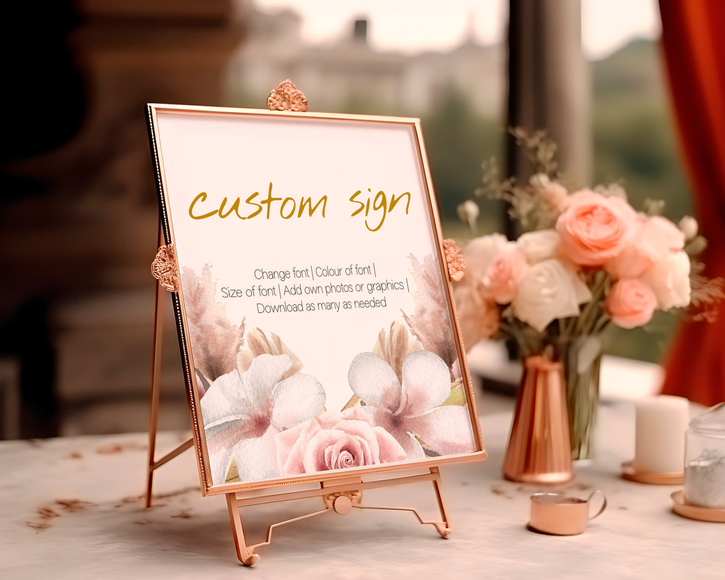 Boho Wedding Sign Set: Pink Rose & Feather Theme (Instant Download, Editable Templates 7x )