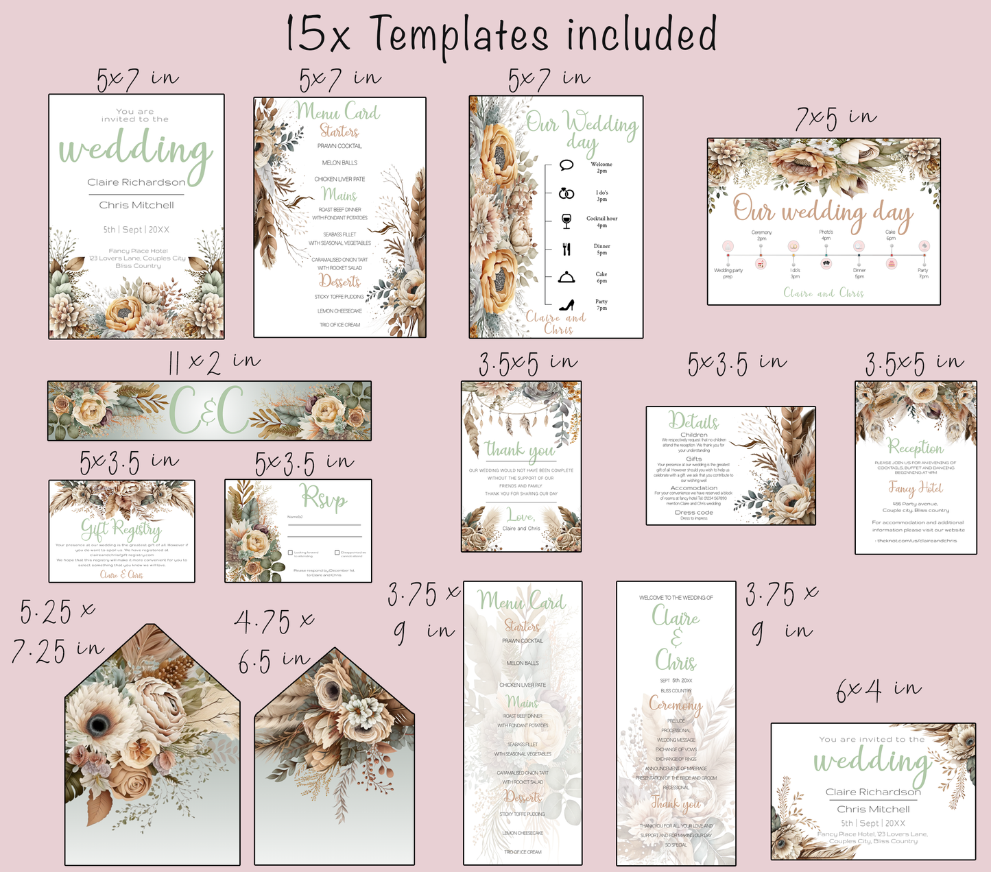 Natural Boho Large Wedding Invitation Suite | Rustic flower & Feather Design | RSVP, Menu, Program, Belly Band + More | Instant Download