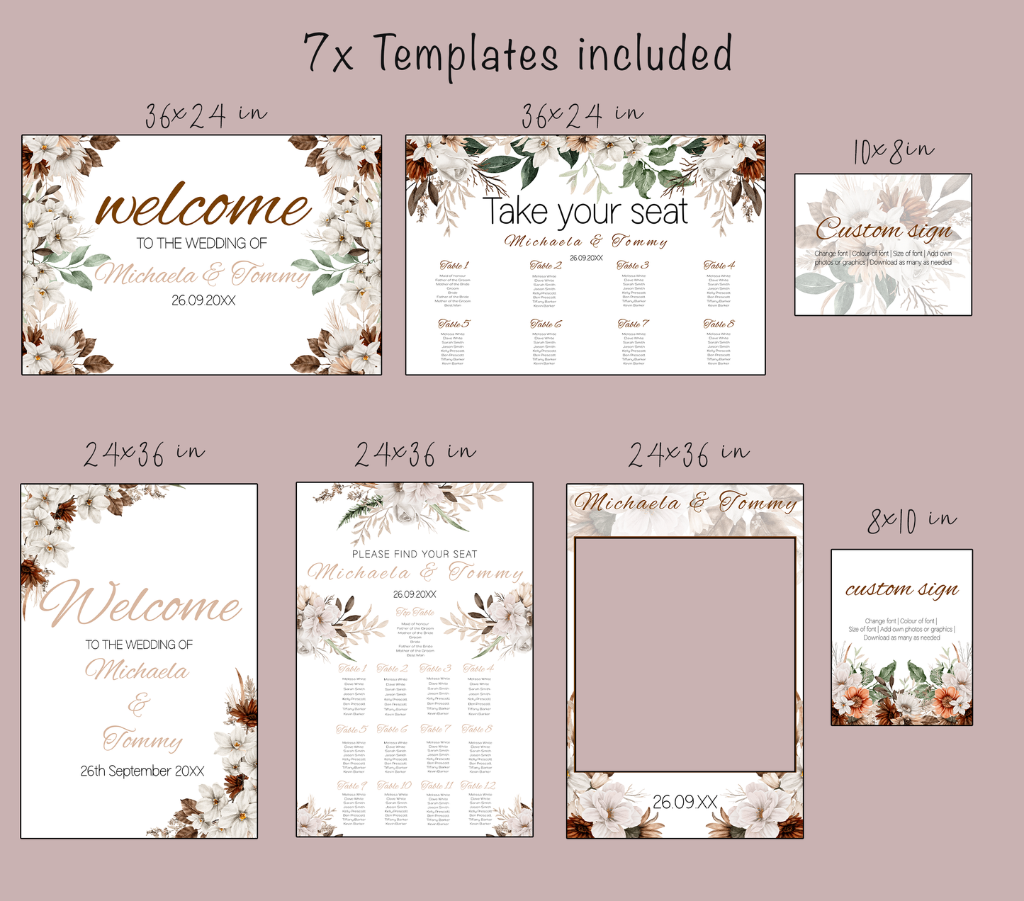 Autumn Floral Wedding Sign Template: Editable Seating Charts (Digital Download)