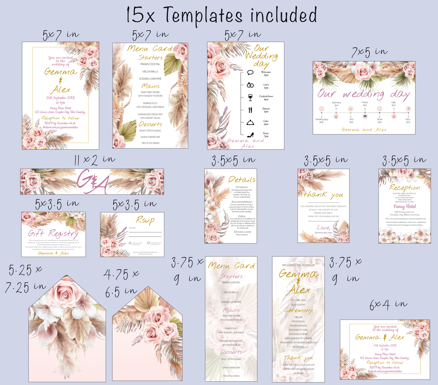 Boho Wedding Invitation Suite | Pink Rose & Feather Design | 15x editable designs RSVP, Menu, Program, Belly Band + More | Instant Download