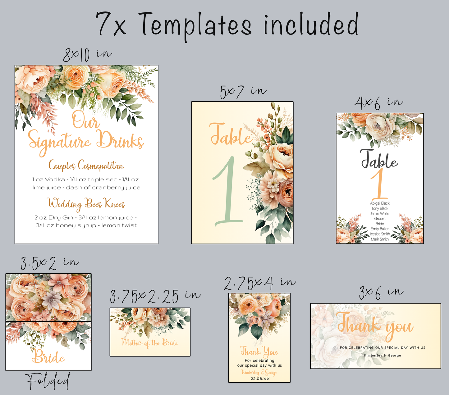 Peach Flowers Wedding Small signs: Editable table and gift signage templates (digital downloads)