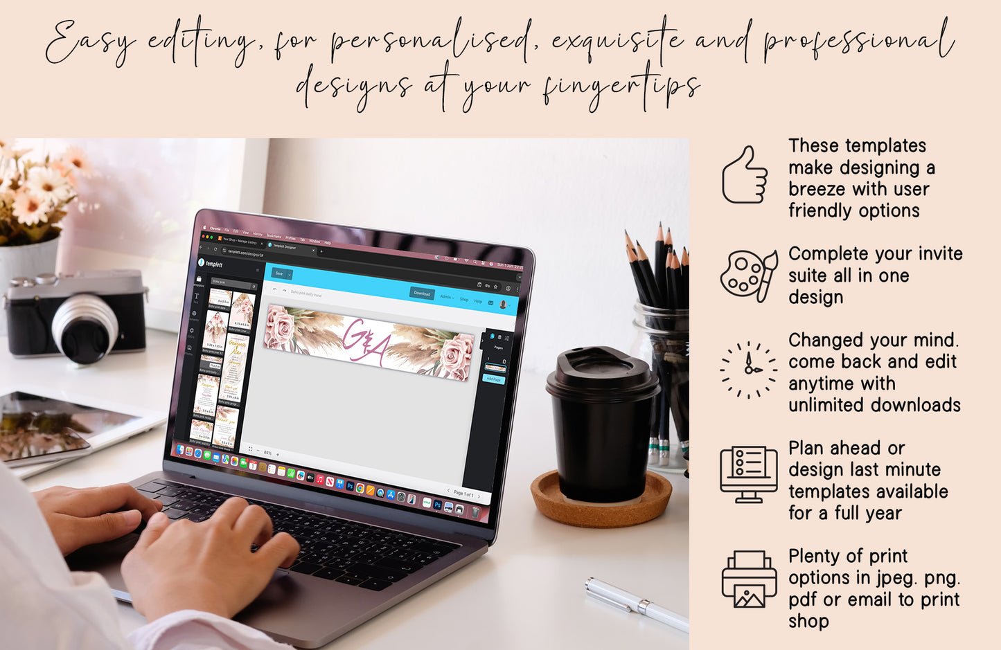 Boho Wedding Invitation Suite | Pink Rose & Feather Design | 15x editable designs RSVP, Menu, Program, Belly Band + More | Instant Download