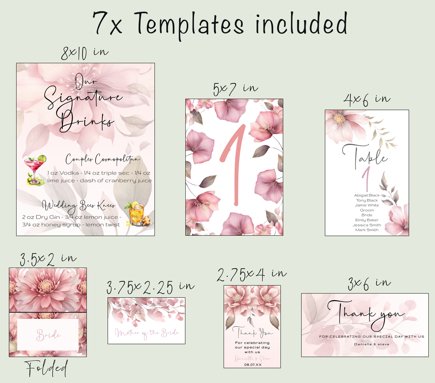 Blush Pink Floral Wedding Sign Templates: Editable Table Numbers, Favor Tags (Digital Download)