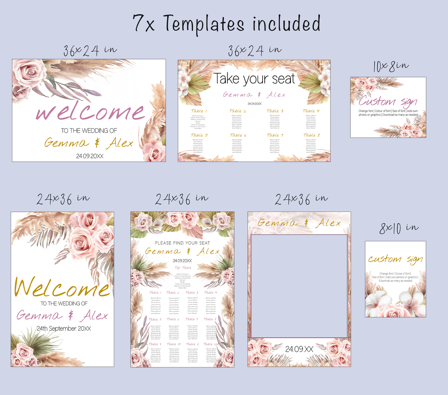 Boho Wedding Sign Set: Pink Rose & Feather Theme (Instant Download, Editable Templates 7x )