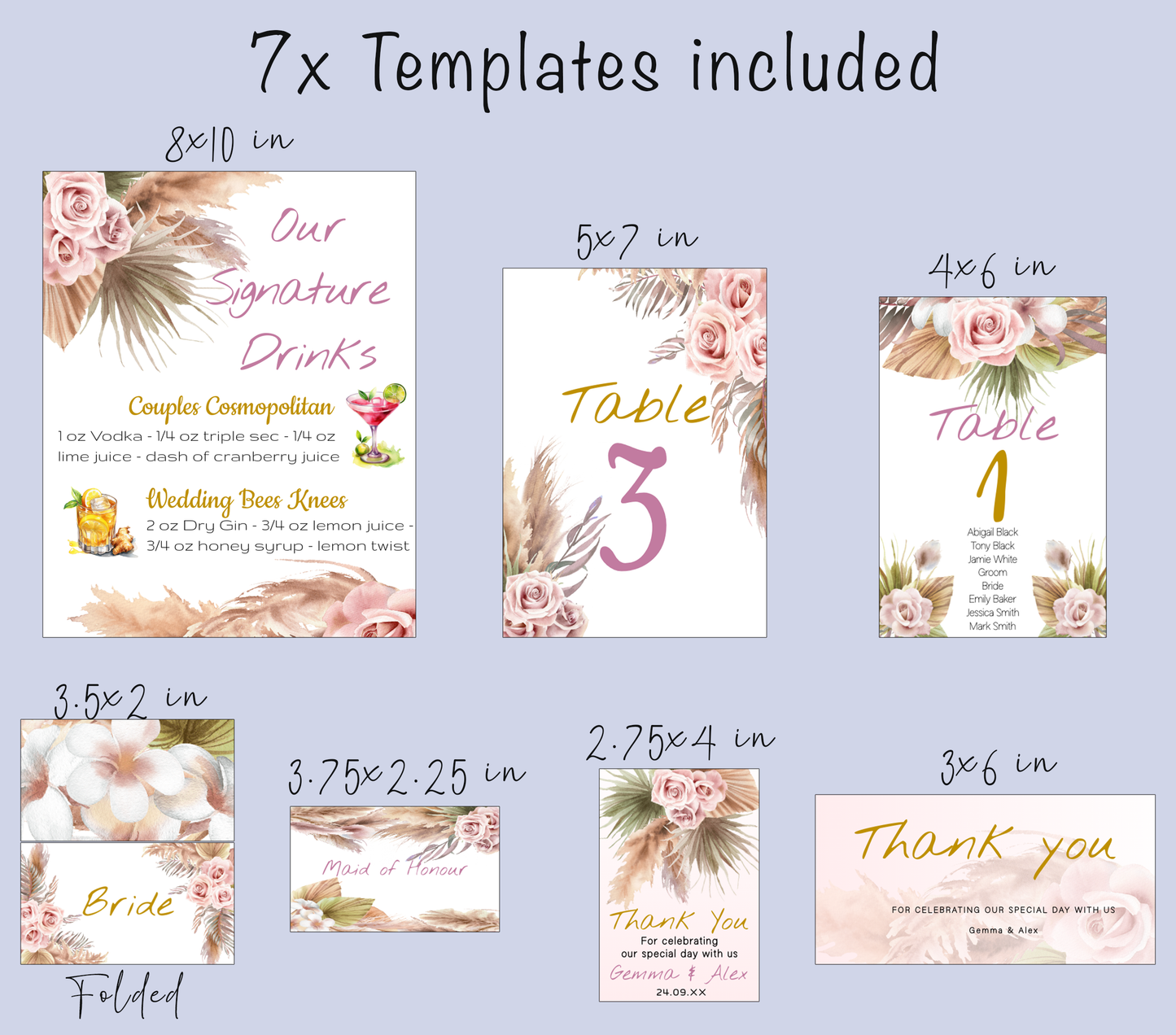 Bohemian Wedding Table and Gift Sign Set: Editable Pink Rose & Feather Design (Digital Download)