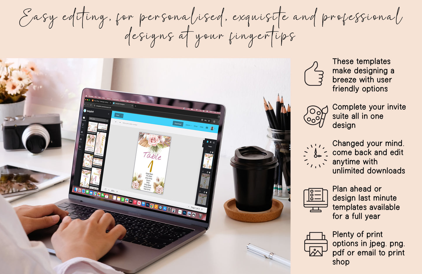 Bohemian Wedding Table and Gift Sign Set: Editable Pink Rose & Feather Design (Digital Download)