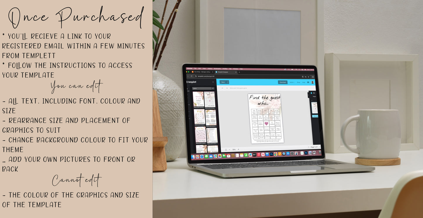 Pink Rose Boho Wedding Game Bundle: Editable Templates (Instant Download)