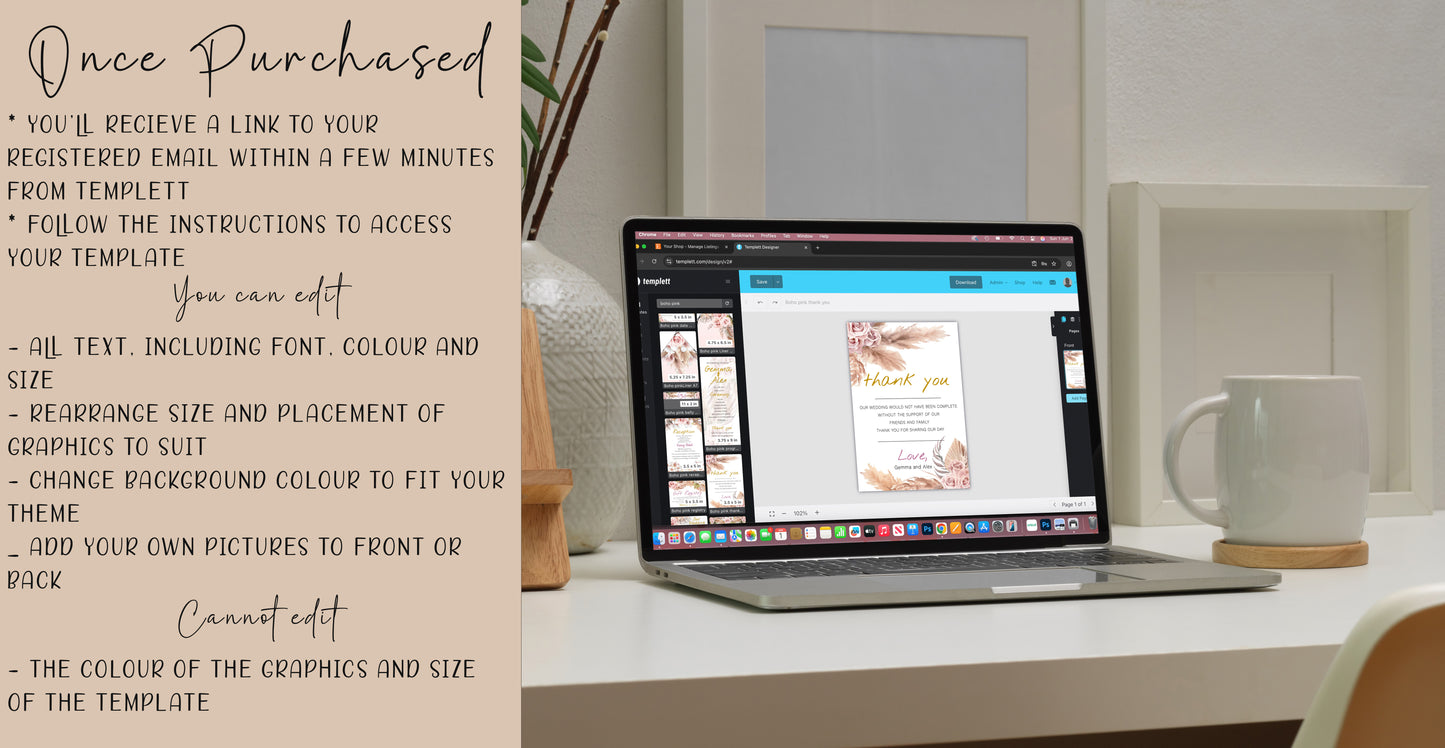 Boho Wedding Invitation Suite | Pink Rose & Feather Design | 15x editable designs RSVP, Menu, Program, Belly Band + More | Instant Download